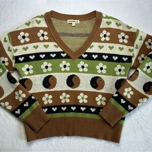 Women’s Brown and Green Patterned V-Neck Knit Yin-Yang Sweater Size Medium